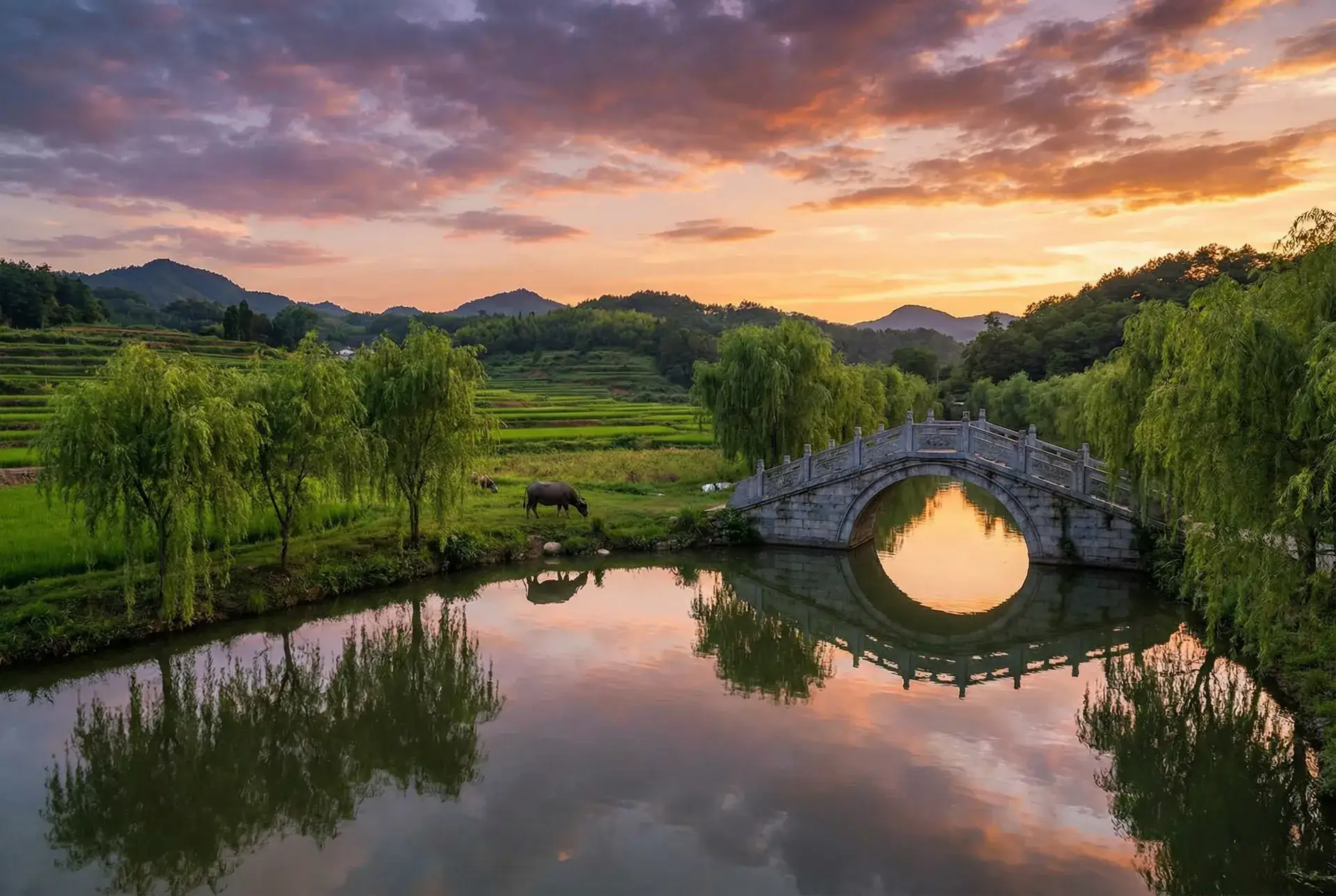 夕阳下的石拱桥与垂柳，水牛在河边吃草 - 美人为馅第二季 乡村美景
